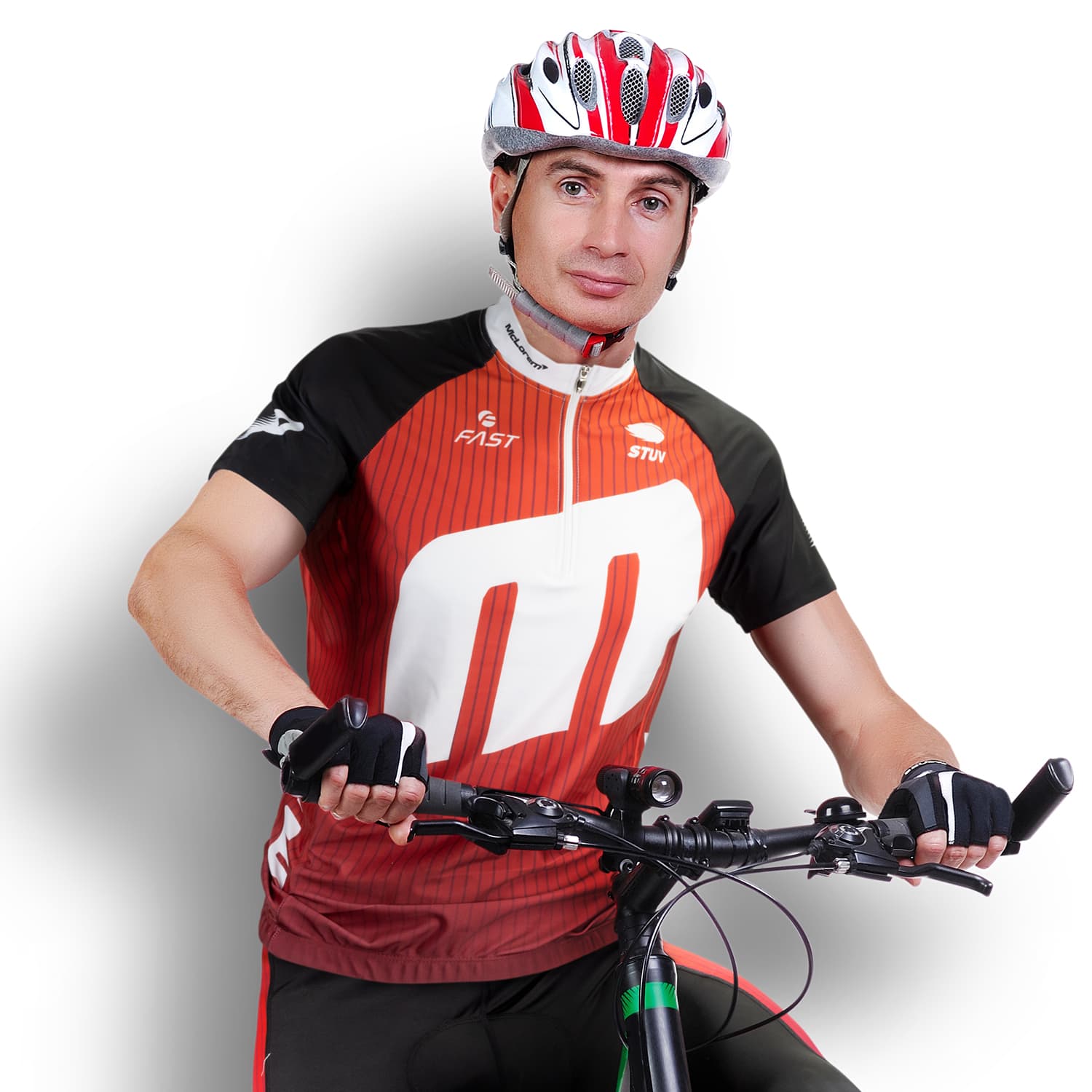 A male cyclist wearing a red and black custom cycling jersey and a helmet, positioned on a bicycle. The jersey features a logo. Custom Mens Cycling Top - Image 1
