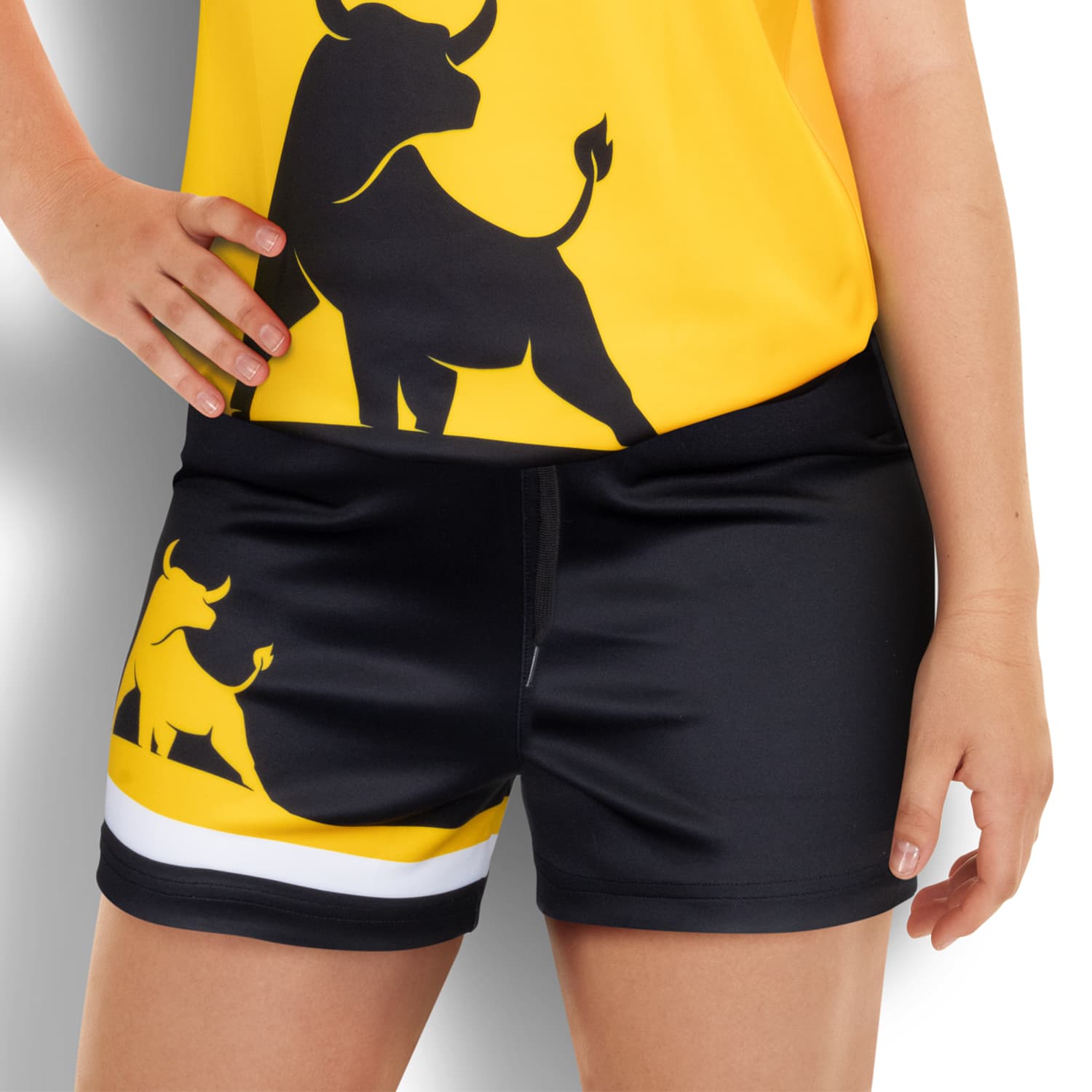 Custom women's AFL shorts in black with yellow and white detailing, featuring a logo on the side. Custom Womens AFL Shorts - Image 1
