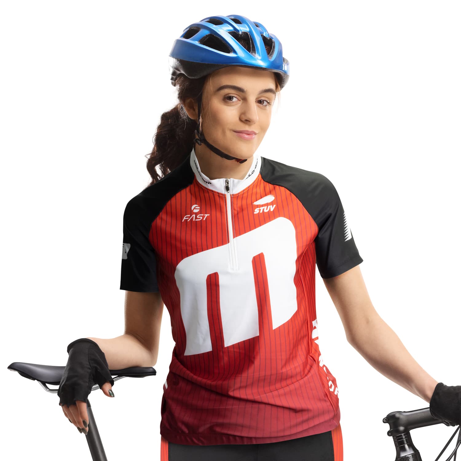 A woman in a red and black cycling jersey with a logo, wearing a blue helmet and holding a bike. Custom Womens Cycling Top - Image 1