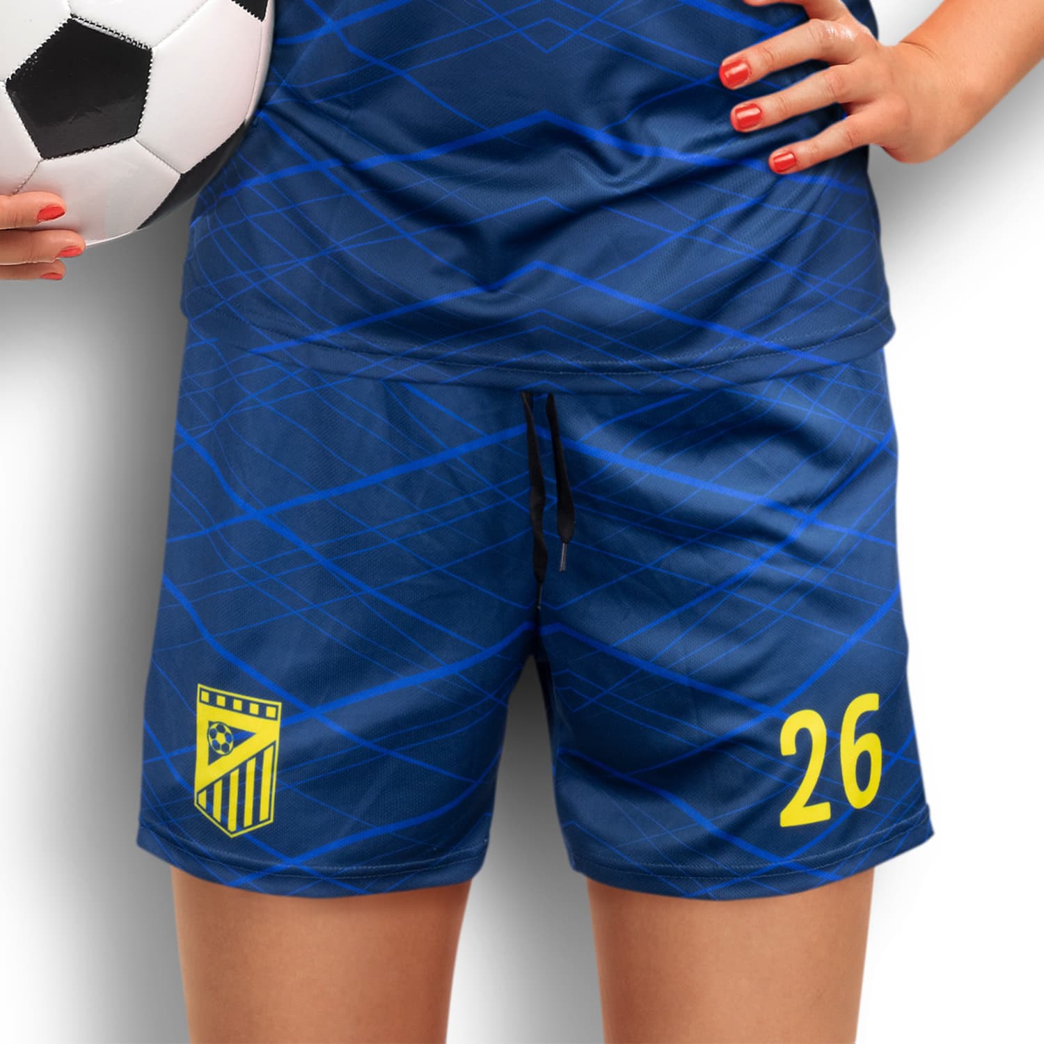 Custom women's soccer shorts in blue with a geometric pattern and a logo on the side. Features a drawstring waist. Custom Womens Soccer Shorts - Image 1