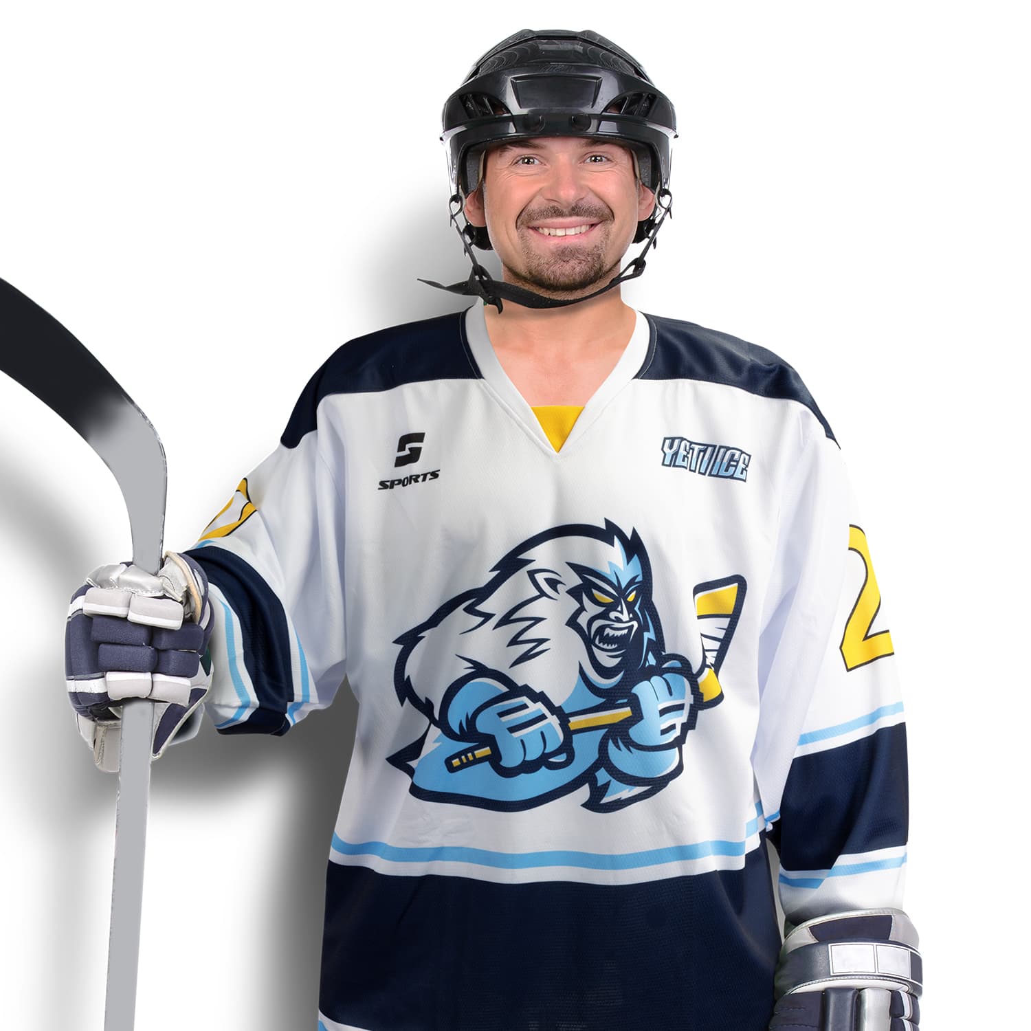 A hockey jersey featuring navy and white colours with a graphic design, worn by a player holding a hockey stick. Custom Hockey Jersey - Image 1