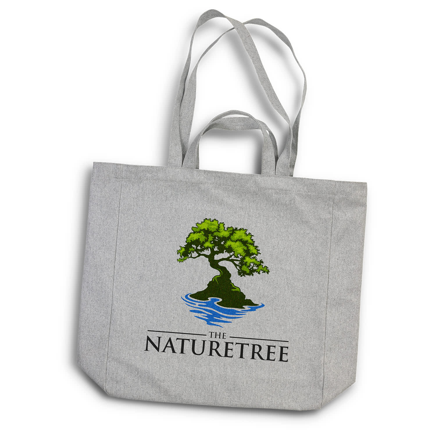 A grey tote bag with two handles featuring a tree and water design, along with a logo. Naples Tote Bag - Image 1