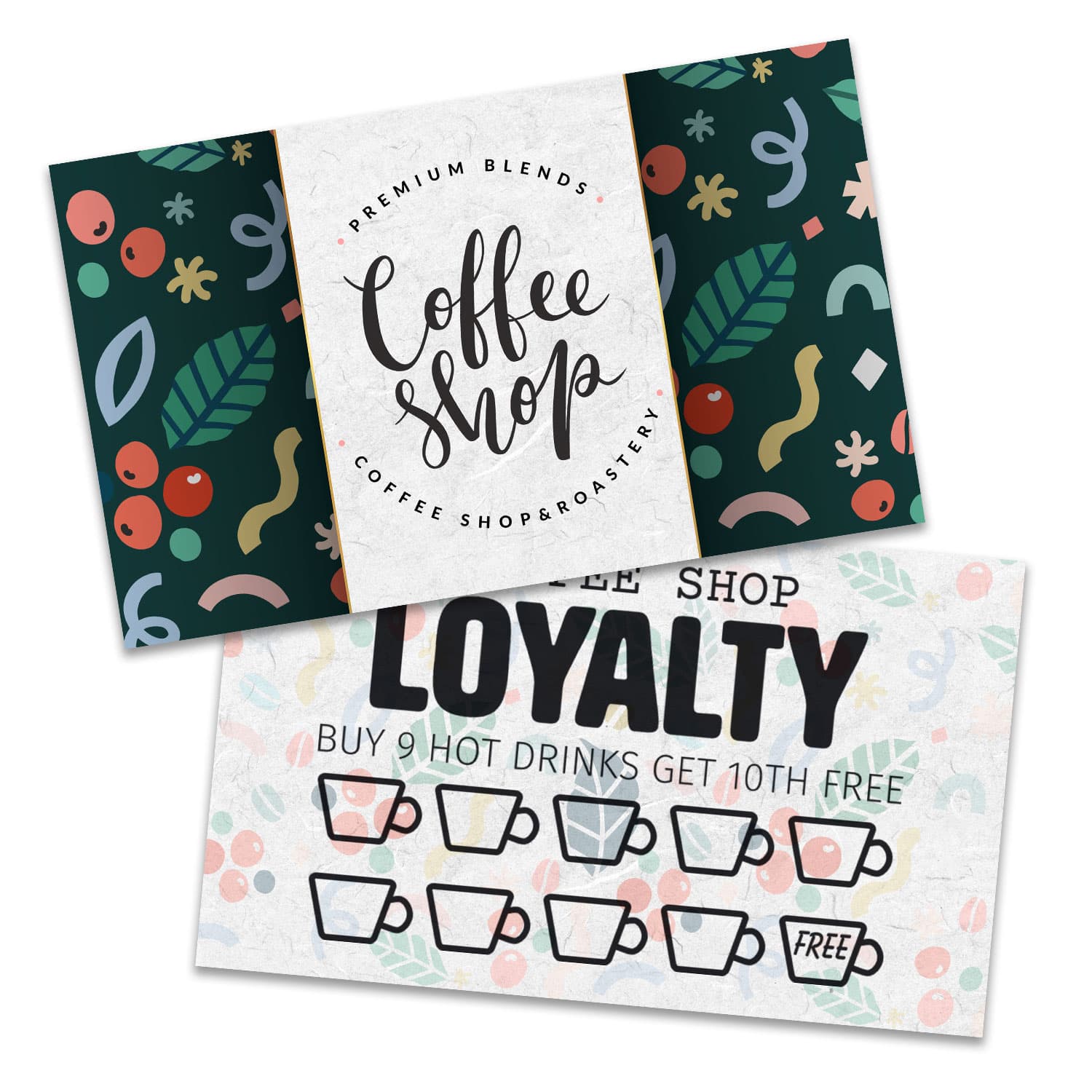 A loyalty card featuring vibrant colours, a coffee shop theme, and a decorative design with assorted patterns. Full Colour Loyalty Cards - Image 1