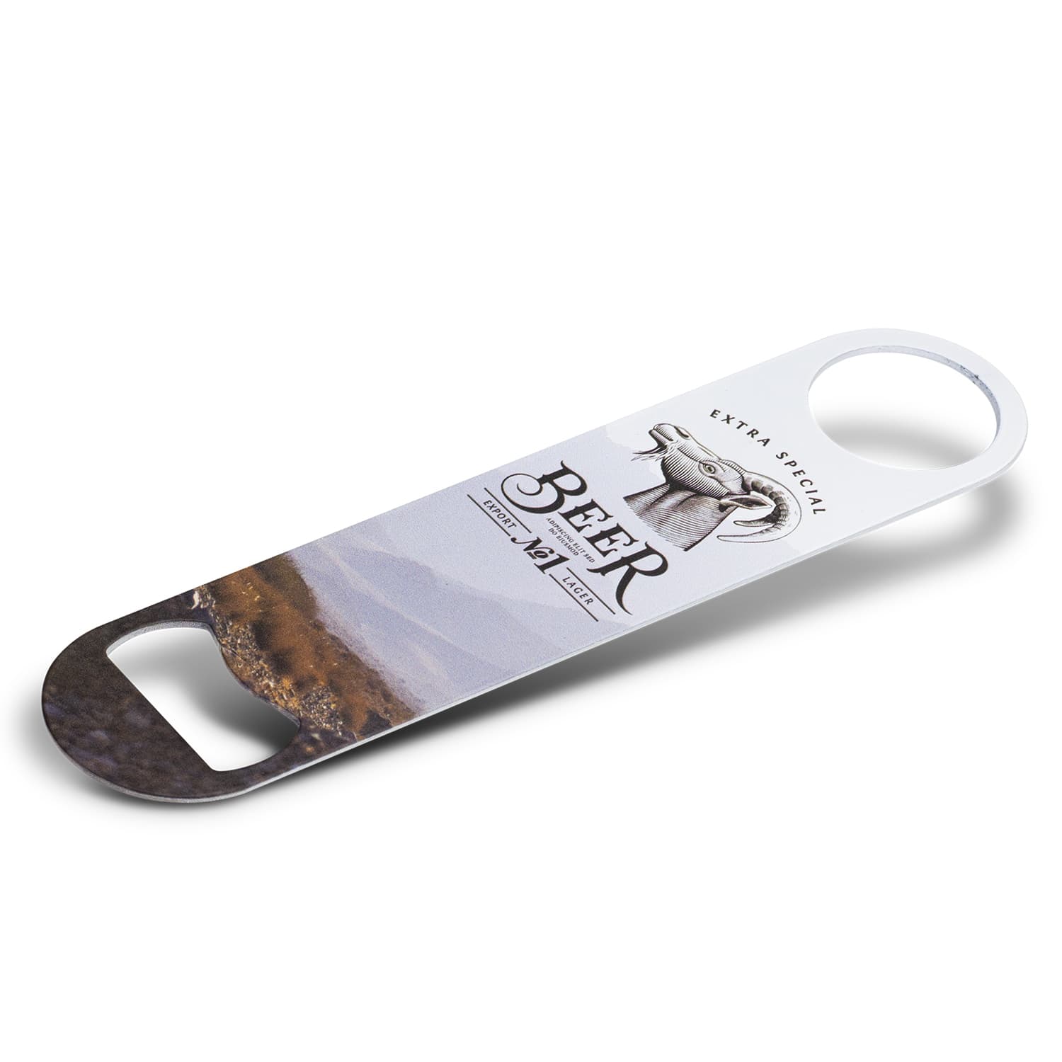 A drink bottle opener in silver and white features a scenic design and a logo on its handle. Full Colour Bottle Opener - Image 1