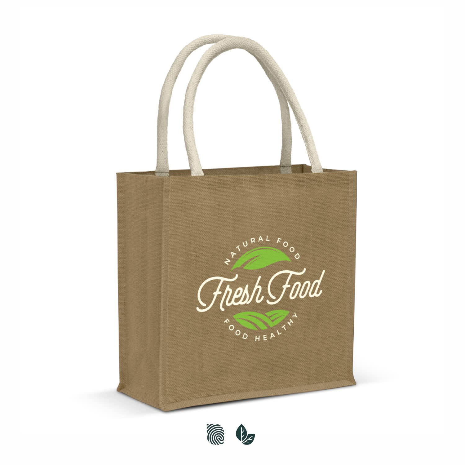 A jute tote bag in light brown with natural-looking handles, featuring a logo and green leaf elements. Monza Starch Jute Tote Bag - Image 1