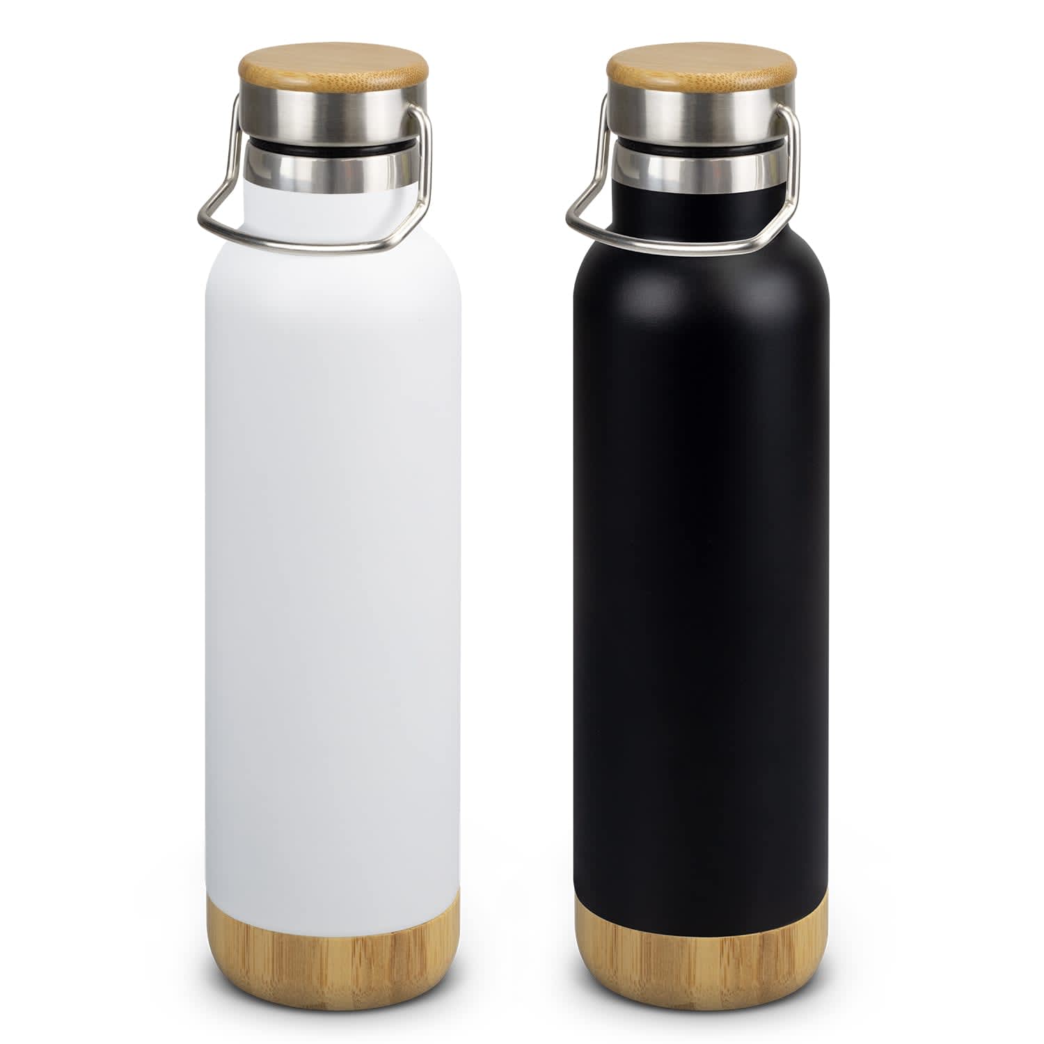 A drink bottle set featuring a white and a black vacuum bottle, both with bamboo lids and metal handles. Nomad Vacuum Bottle - Bambino - Image 1