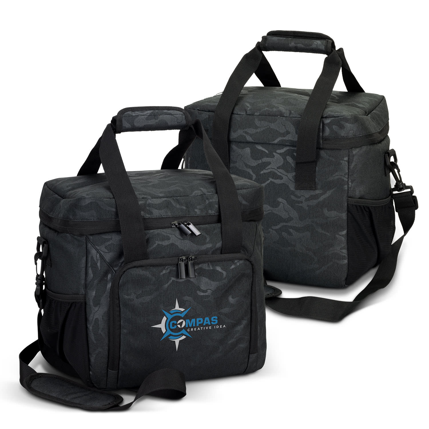 A black and grey camouflage cooler bag with shoulder straps and a front pocket. Contains a logo. Urban Camo Cooler Bag - Image 1