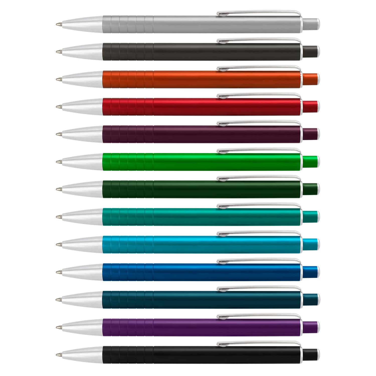 A collection of metal pens in various colours, including silver, orange, green, purple, and black, with silver accents. Toledo Pen - Image 1