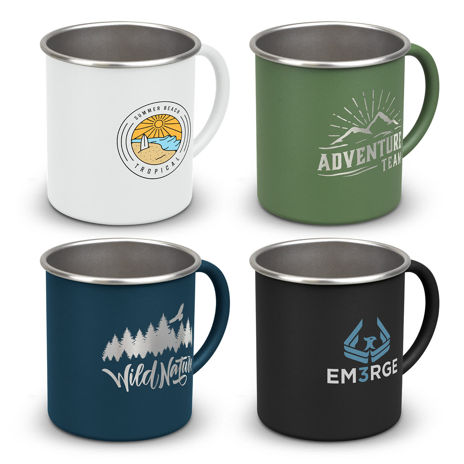 A collection of four coffee mugs in white, green, navy blue, and black, each featuring distinct logos and designs. Campster Mug - Image 1
