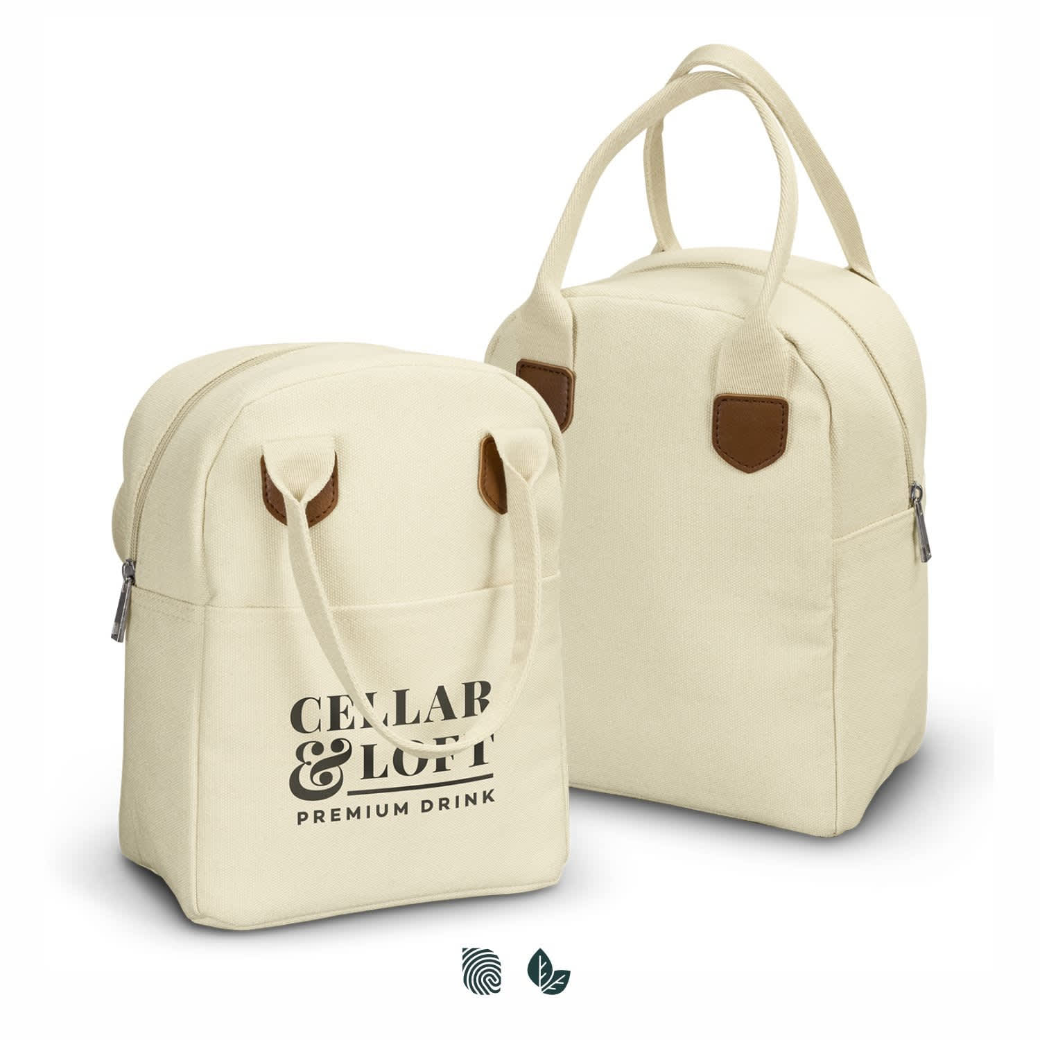 A cream-coloured lunch bag with brown accents, featuring a logo on the front and two handles for carrying. Colton Lunch Bag - Image 1