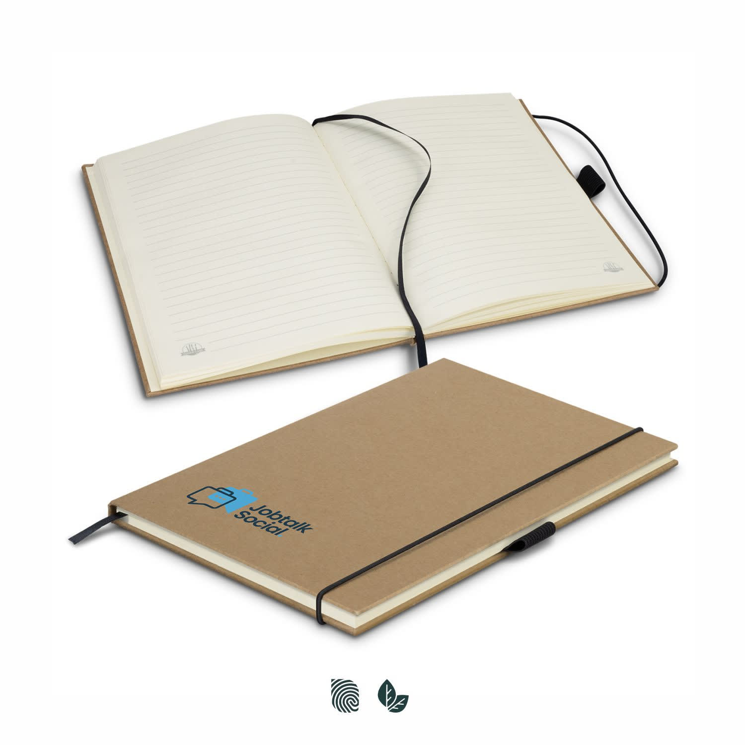 A brown hard cover notebook with lined pages and a black elastic closure, featuring a logo on the front. Sugarcane Paper Hard Cover Notebook - Image 1