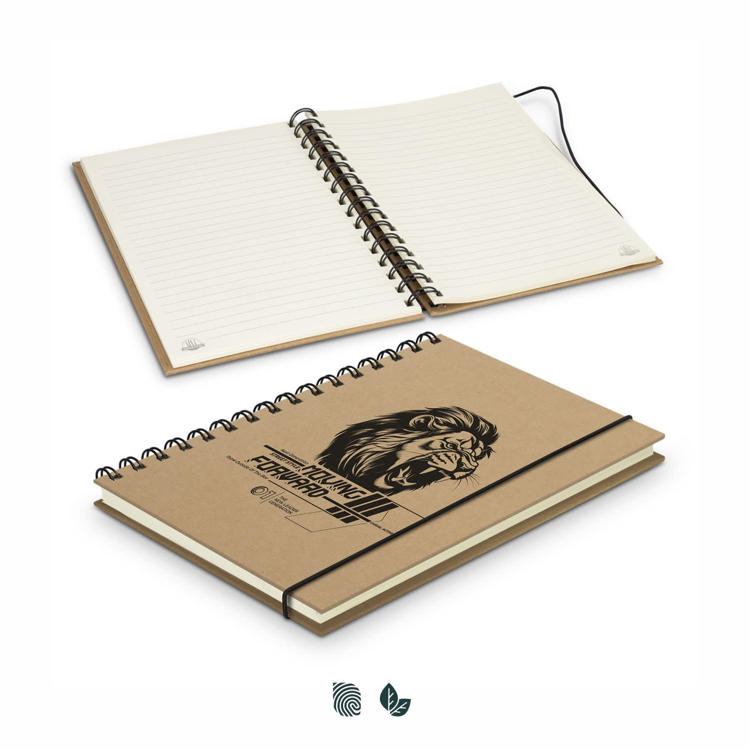 A spiral notebook with a brown cover featuring a lion design, blank pages inside, and an elastic band. Sugarcane Paper Spiral Notebook - Image 1