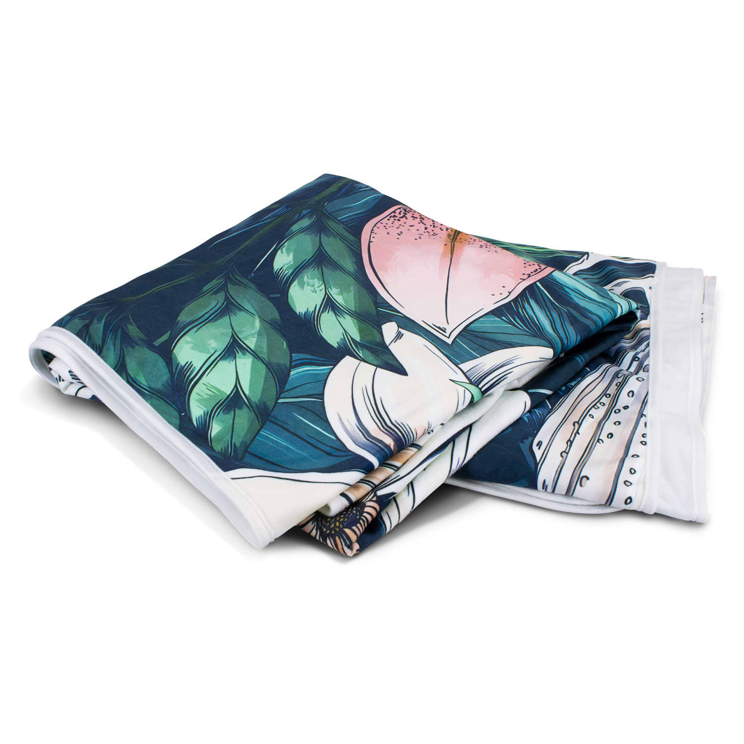 A folded blanket featuring vibrant botanical designs in greens and pinks, with white edges and a logo present. Kenya Full Colour Blanket - Image 1
