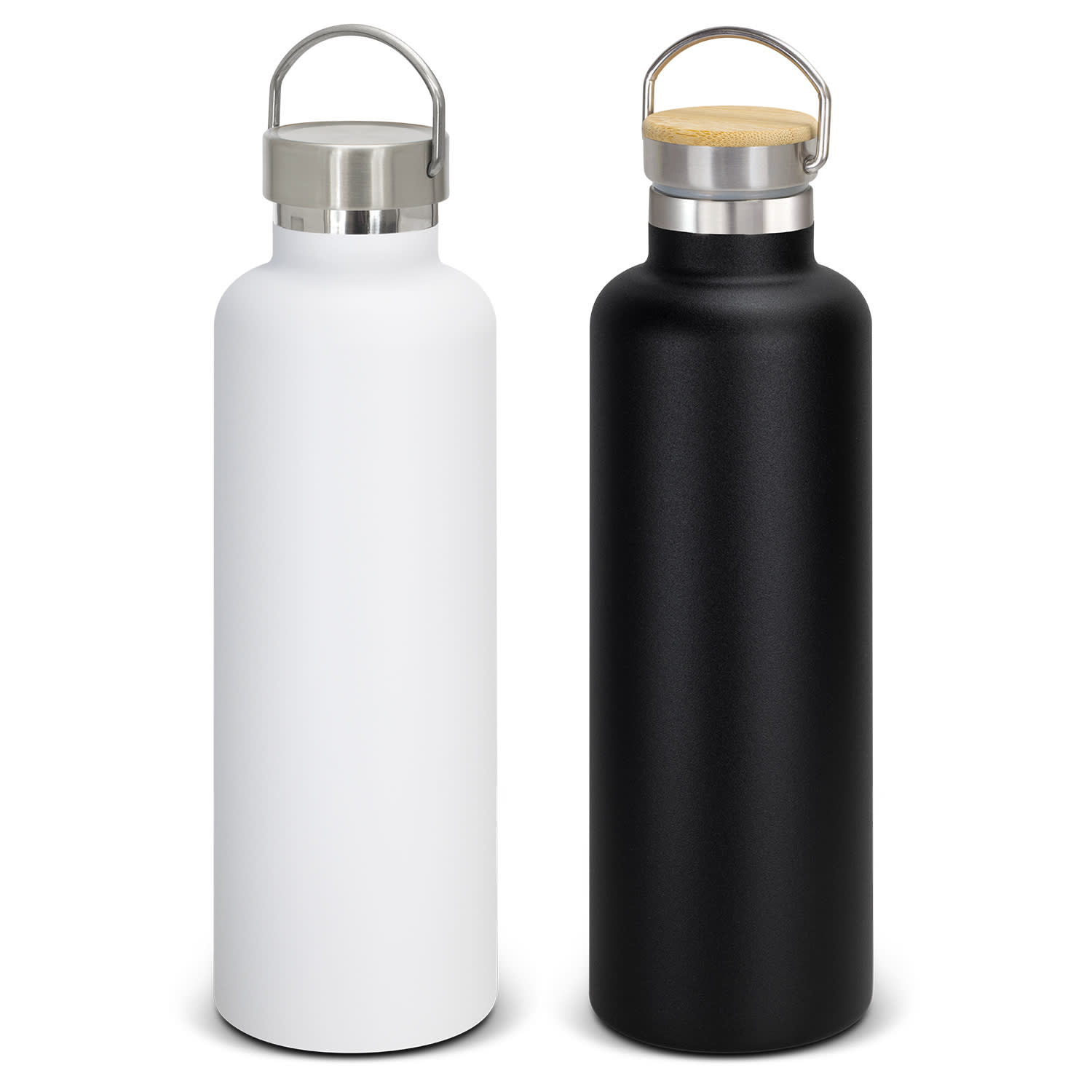 A drink bottle duo featuring a white and a black vacuum bottle, each with a stainless steel lid and a wooden handle. Nomad Deco Vacuum Bottle - 1L - Image 1