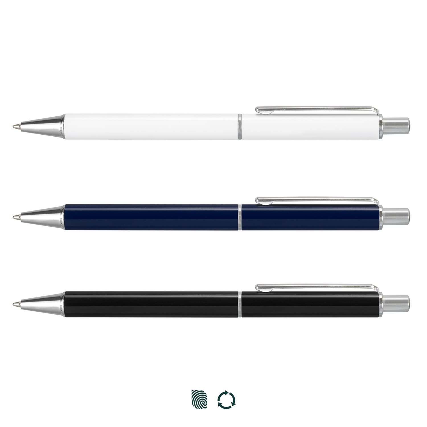 A set of three metal pens in white, navy blue, and black, each featuring a silver clip and detailing. Paladin Pen - Image 1