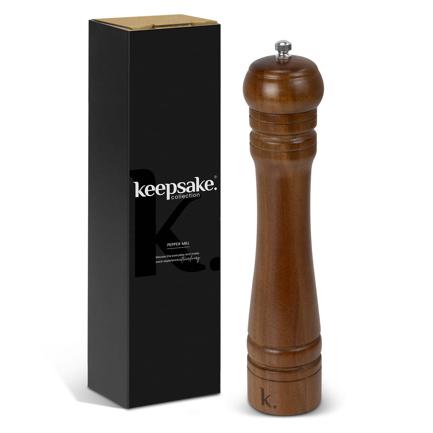 A wooden pepper mill with a glossy finish, accompanied by a sleek black box featuring branding. Keepsake Pepper Mill - Image 1