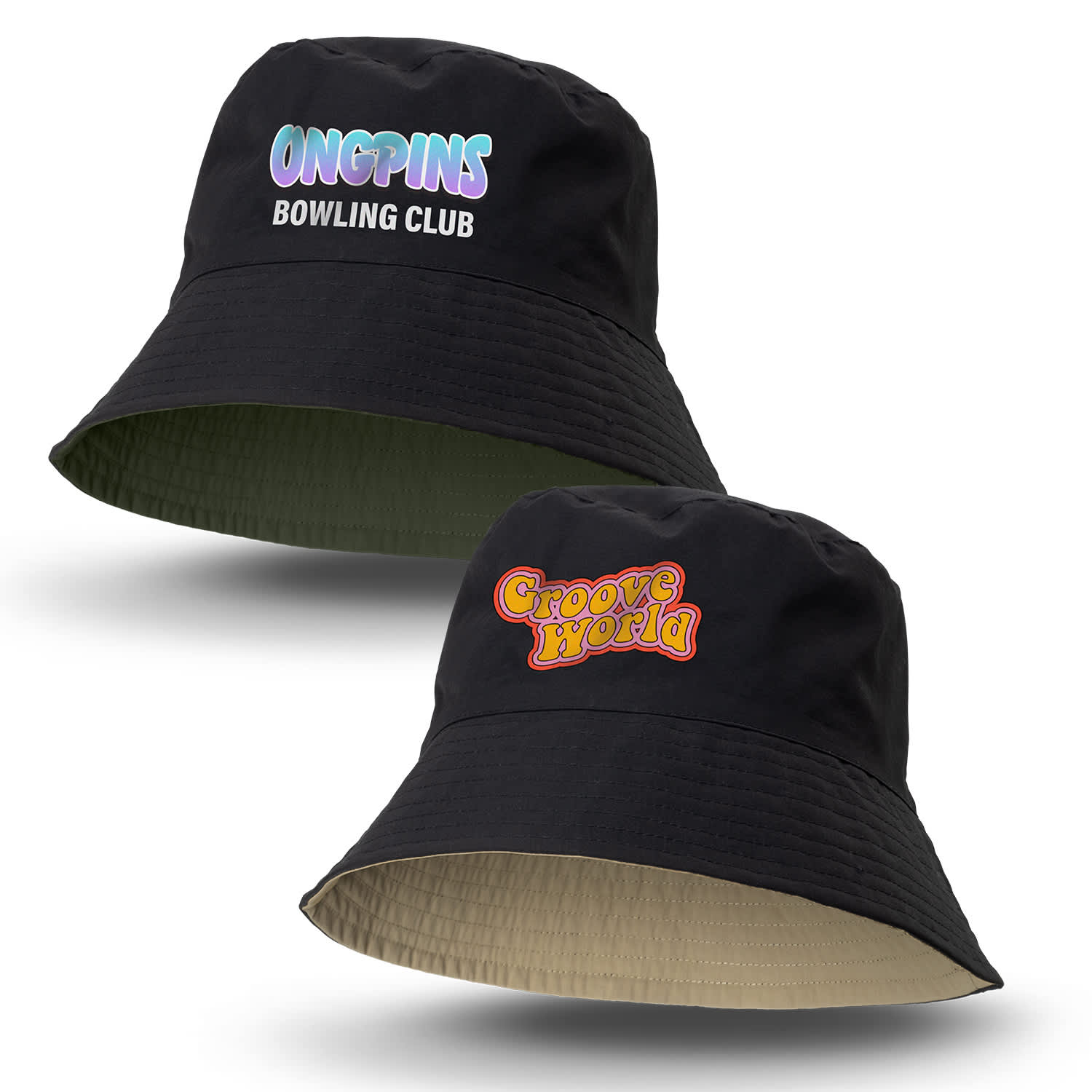 A reversible black bucket hat featuring two different logos on each side. One side has a colourful logo, and the other is in vibrant red. Reversible Ripstop Bucket Hat - Image 1