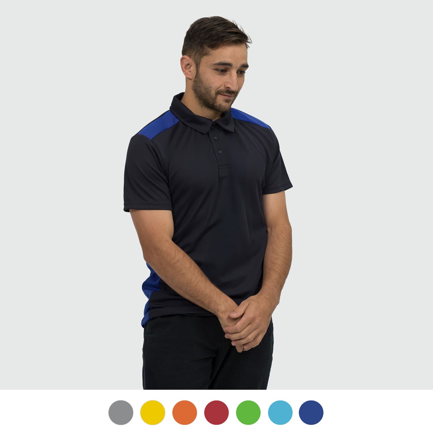 A navy and blue men's polo shirt featuring a logo. The shirt has short sleeves and a collar. TRENDSWEAR Apex Mens Polo - Image 1