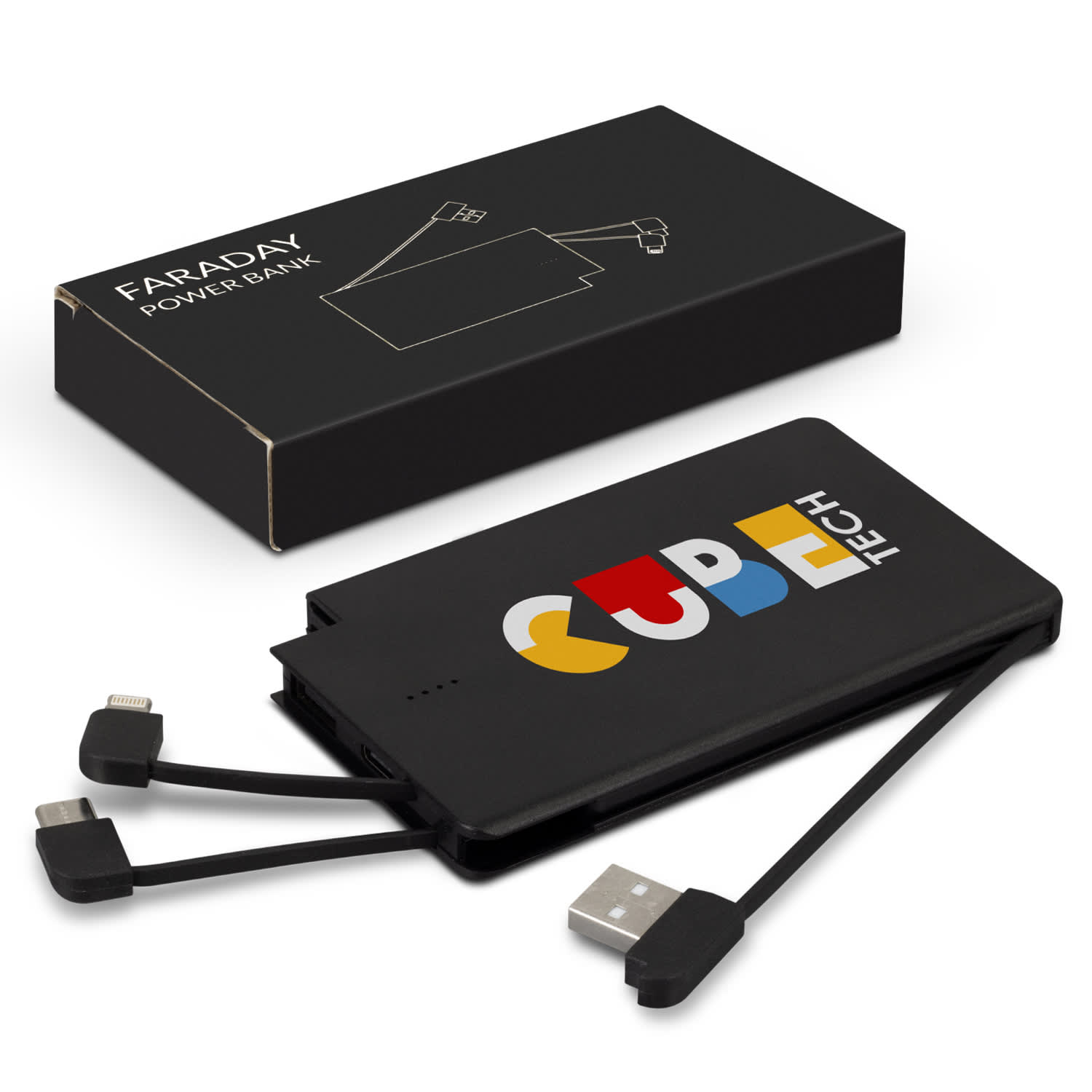 A black power bank with an attached charging cable, presented in a sleek box, featuring a colourful logo. Faraday Power Bank - Image 1