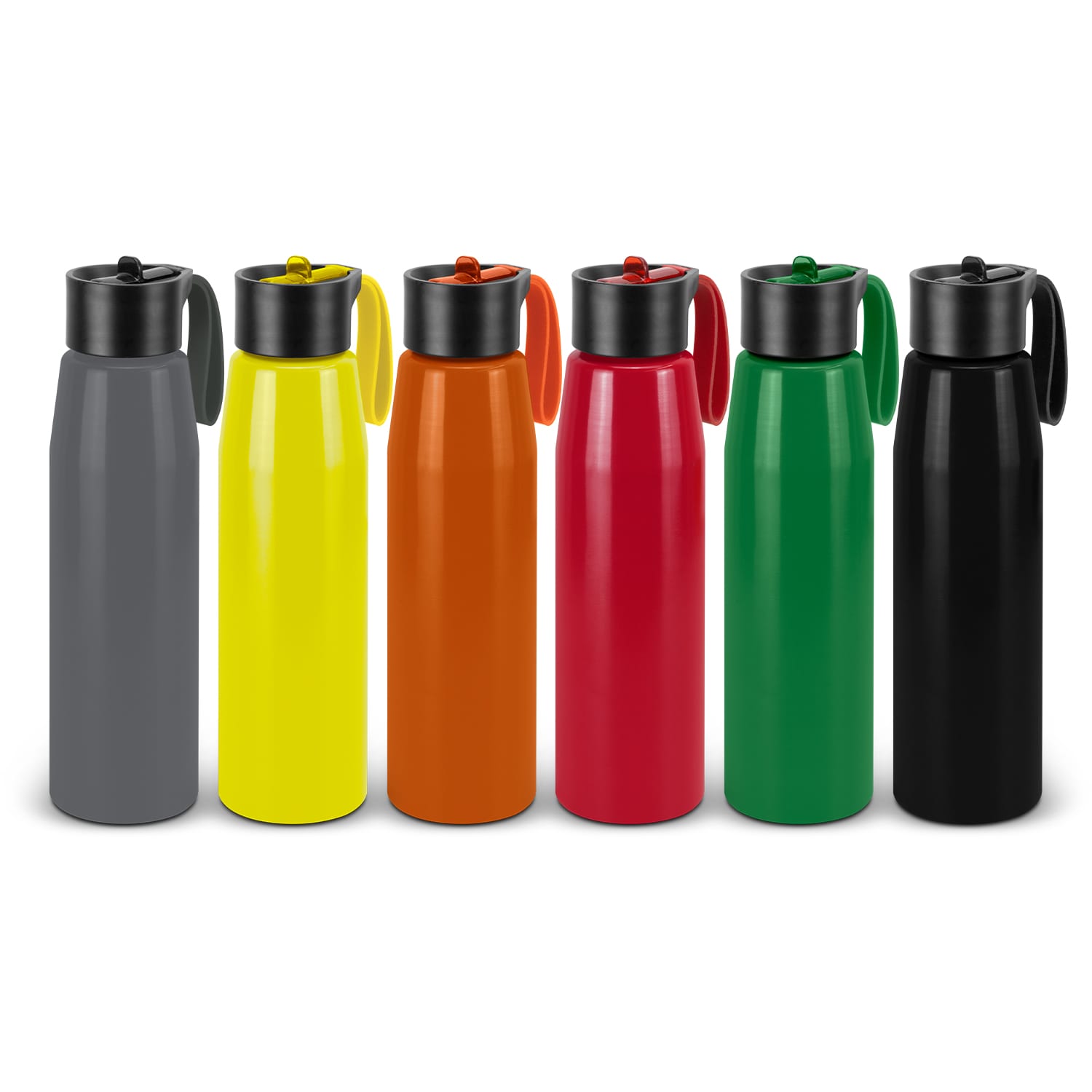 A drink bottle collection featuring grey, yellow, orange, red, green, and black colours, each with a black lid and handle. Delano Aluminium Bottle - Image 1