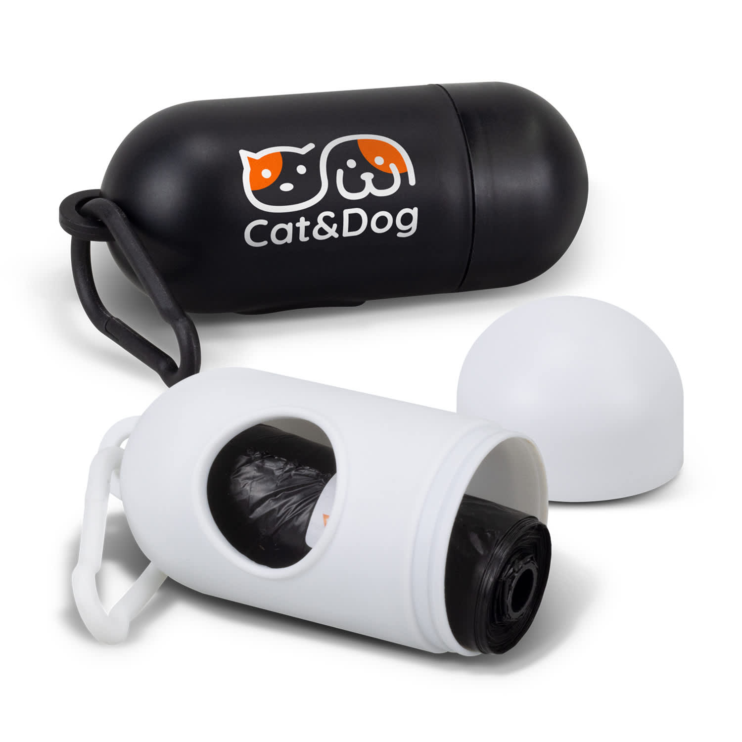 A black and white pet bag dispenser with a logo, featuring a removable cap and a clip for attachment. Pet Bag Dispenser - Image 1