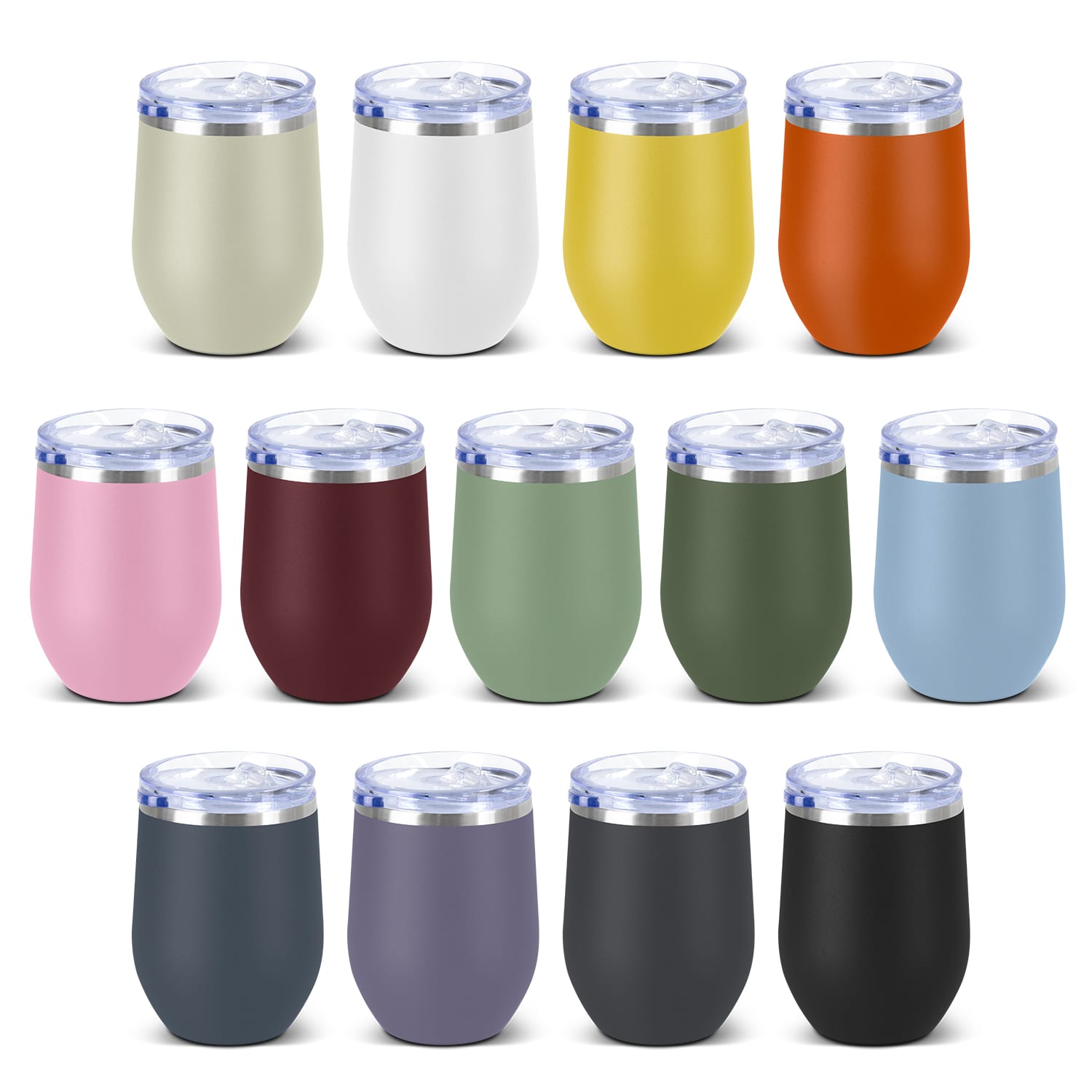 A drink bottle collection featuring ceramic vacuum cups in various colours: white, yellow, orange, pink, green, blue, grey, and black. Cordia Ceramic Vacuum Cup - Image 1