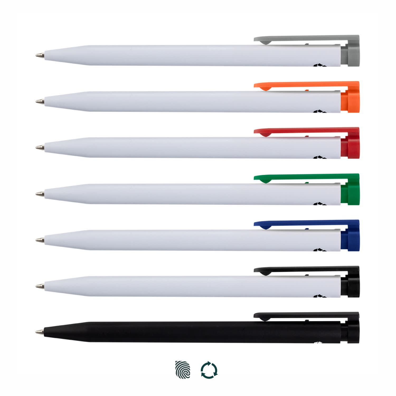 A collection of eight recycled plastic pens in various colours: orange, red, green, blue, and black, with branding visible. Recycled Plastic Pen - Image 1