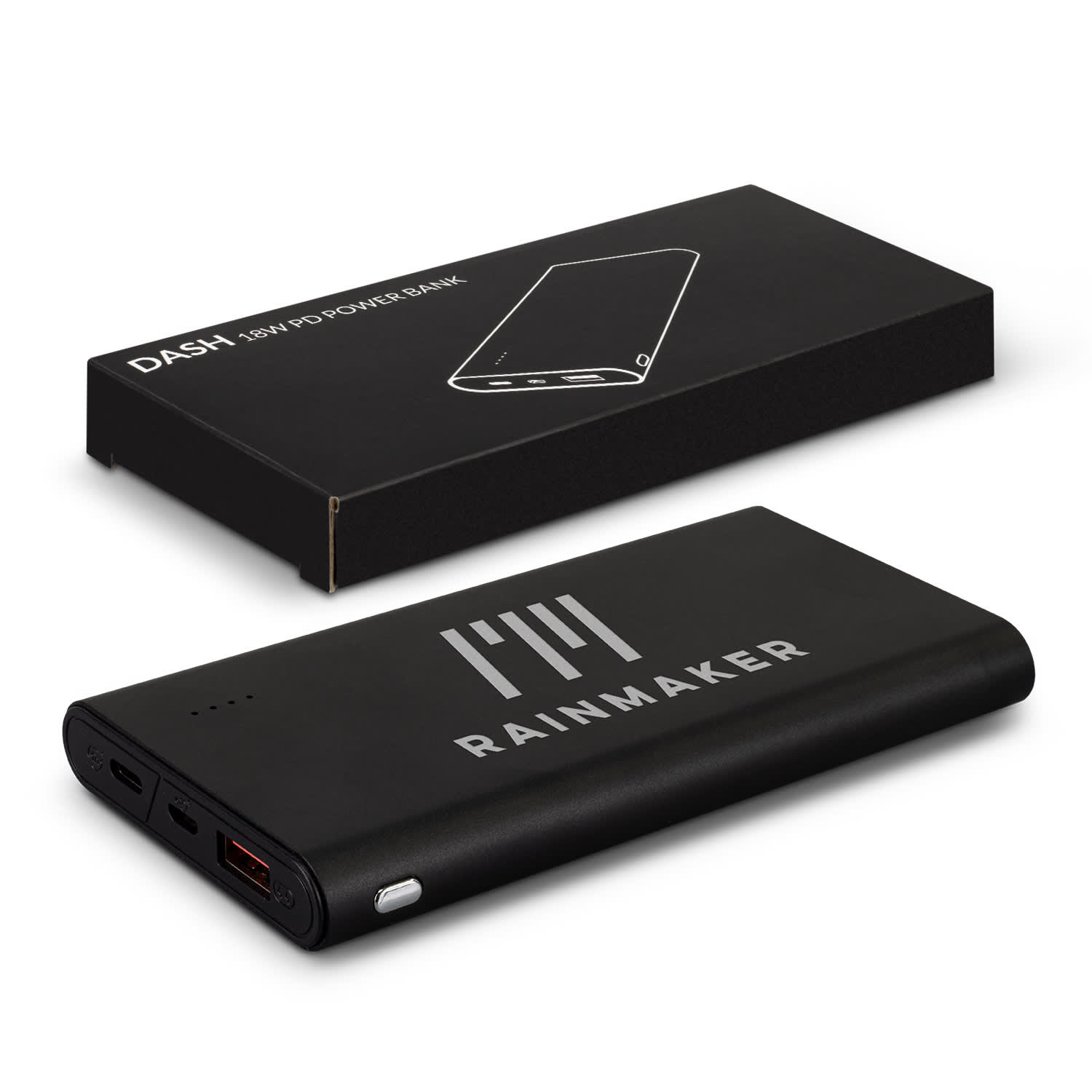 A black power bank with a logo, placed next to its packaging. It features multiple USB ports. Dash 18W PD Power Bank - Image 1