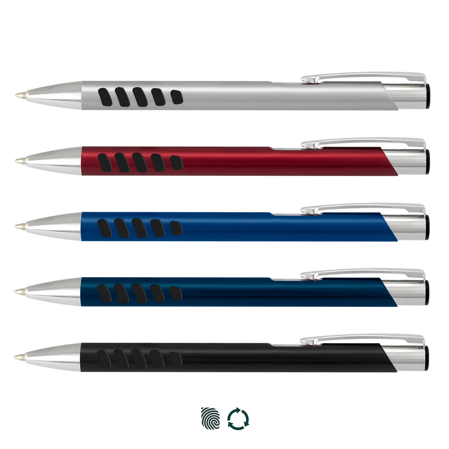 A set of metal pens in silver, red, blue, dark blue, and black, featuring a logo. Panama Grip Pen - Image 1