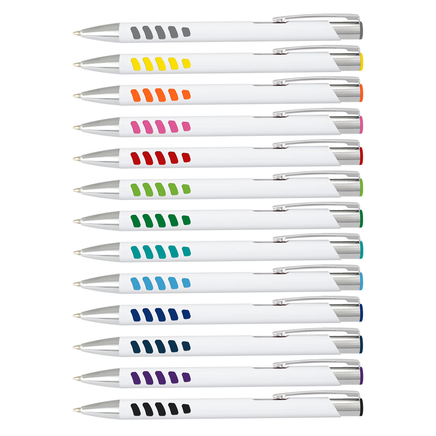 A collection of white barrel pens in various colours, featuring a sleek design and silver accents. Panama Grip Pen - White Barrel - Image 1