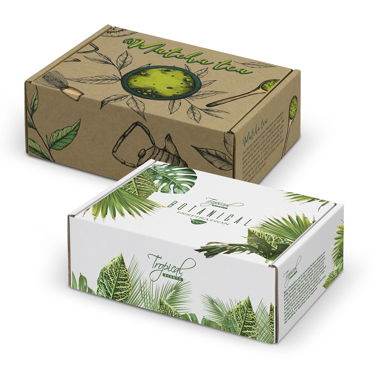 Two die cut boxes with locking lids in various designs, featuring green tropical leaves and fruit illustrations. Die Cut Box with Locking Lid - 175x130x65mm - Image 1
