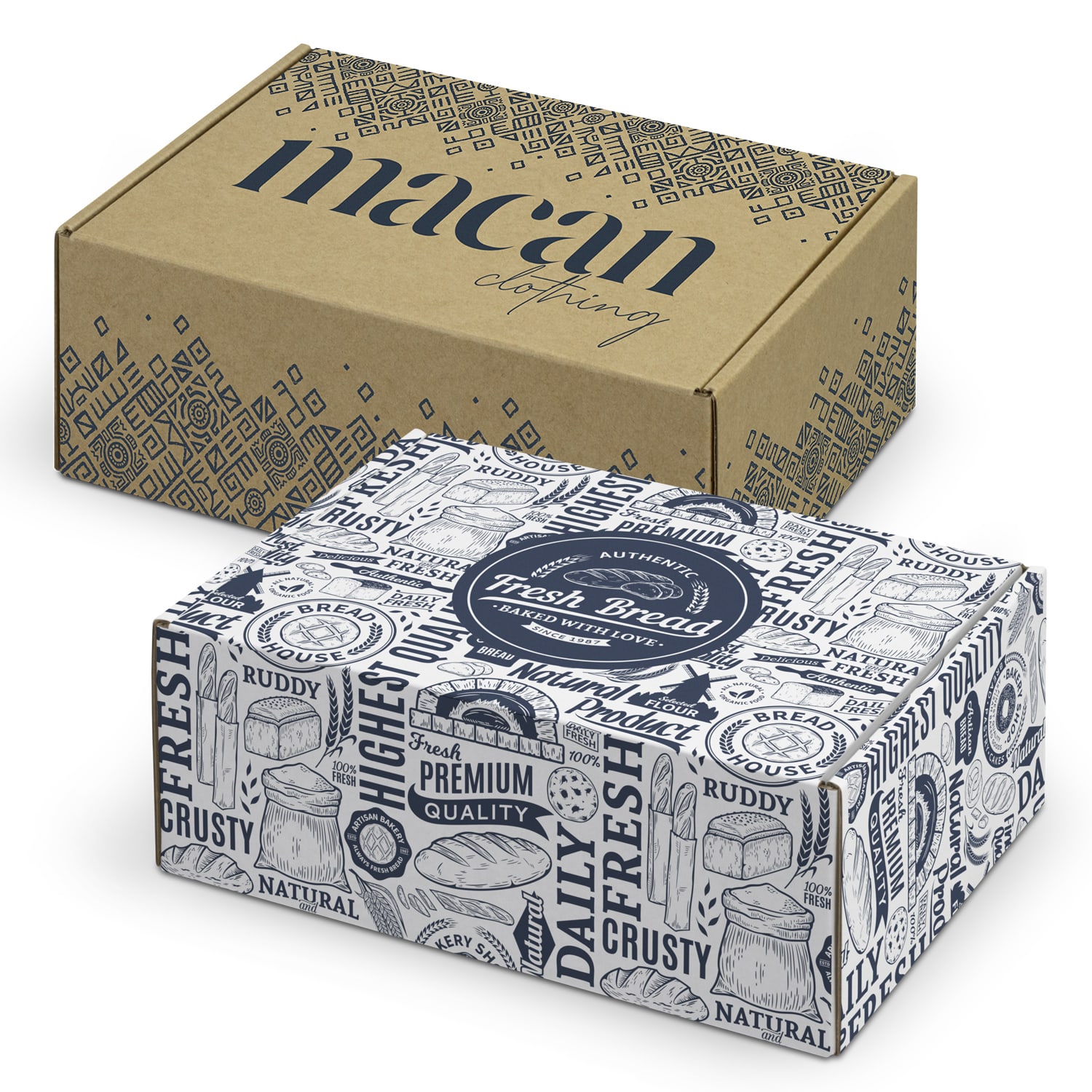 A cardboard die cut box with a locking lid, featuring a decorative design in brown and white. One box showcases a logo. Die Cut Box with Locking Lid - 225x167x83mm - Image 1