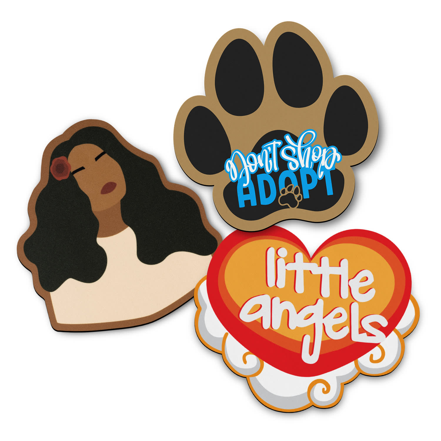 Three custom mouse mats featuring various designs: a silhouette of a woman, a paw print, and a heart with text, in multiple colours. Custom Mouse Mat - Image 1