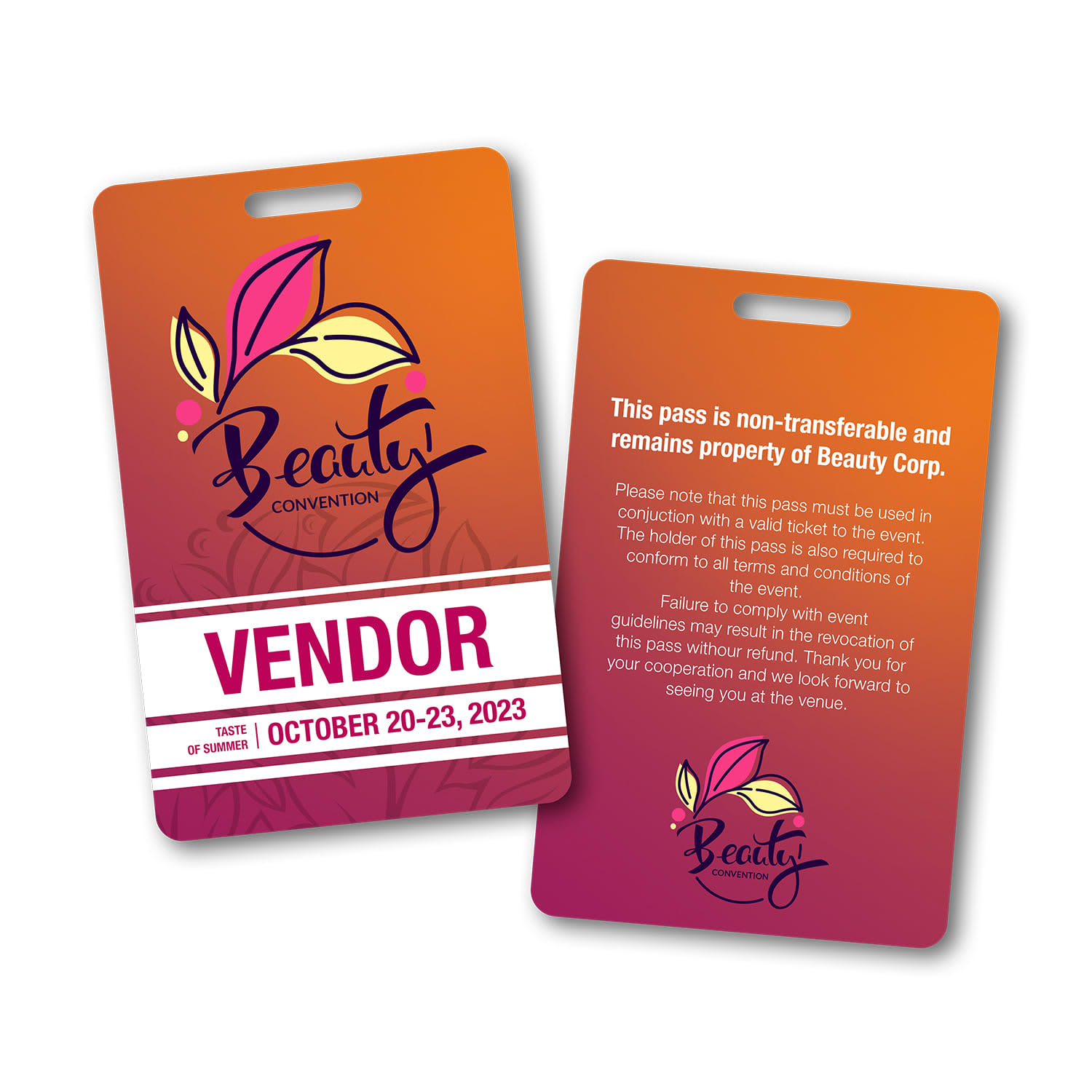Two ID cards with a vibrant orange and pink gradient, featuring a floral design and a logo, along with event details. Full Colour ID Card - Image 1