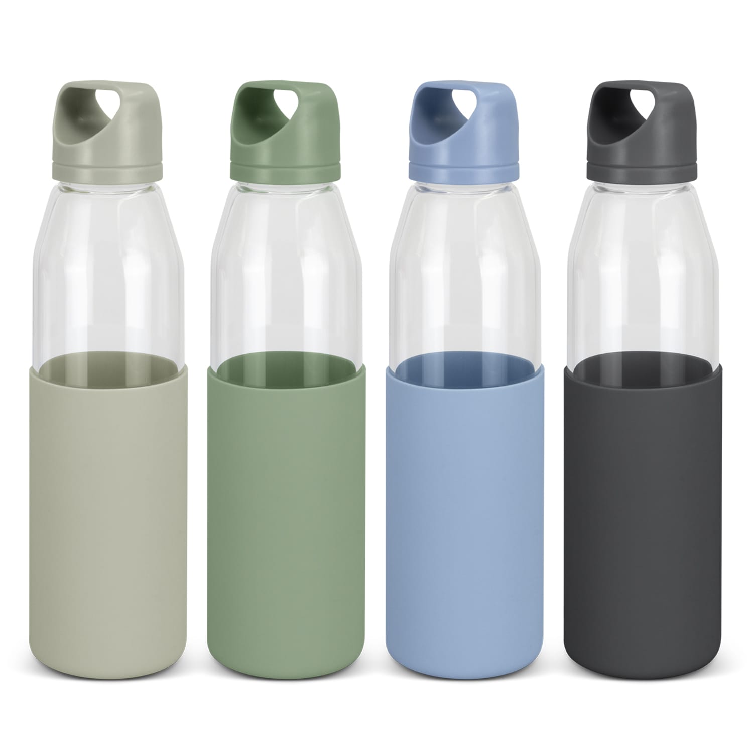 A drink bottle collection featuring four glass bottles with coloured silicone sleeves in light green, dark green, blue, and black. Allure Glass Bottle - Image 1