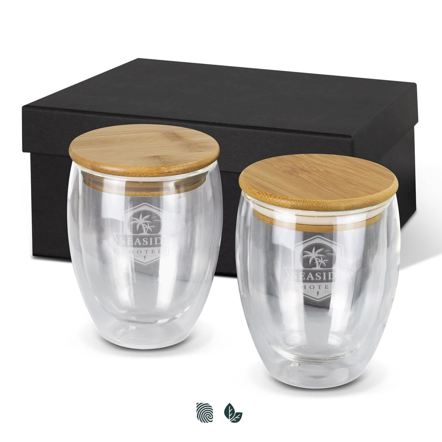 A glass set featuring two 350ml cups with bamboo lids, presented in a sleek black box. Azzurra Glass Set - 350ml - Image 1