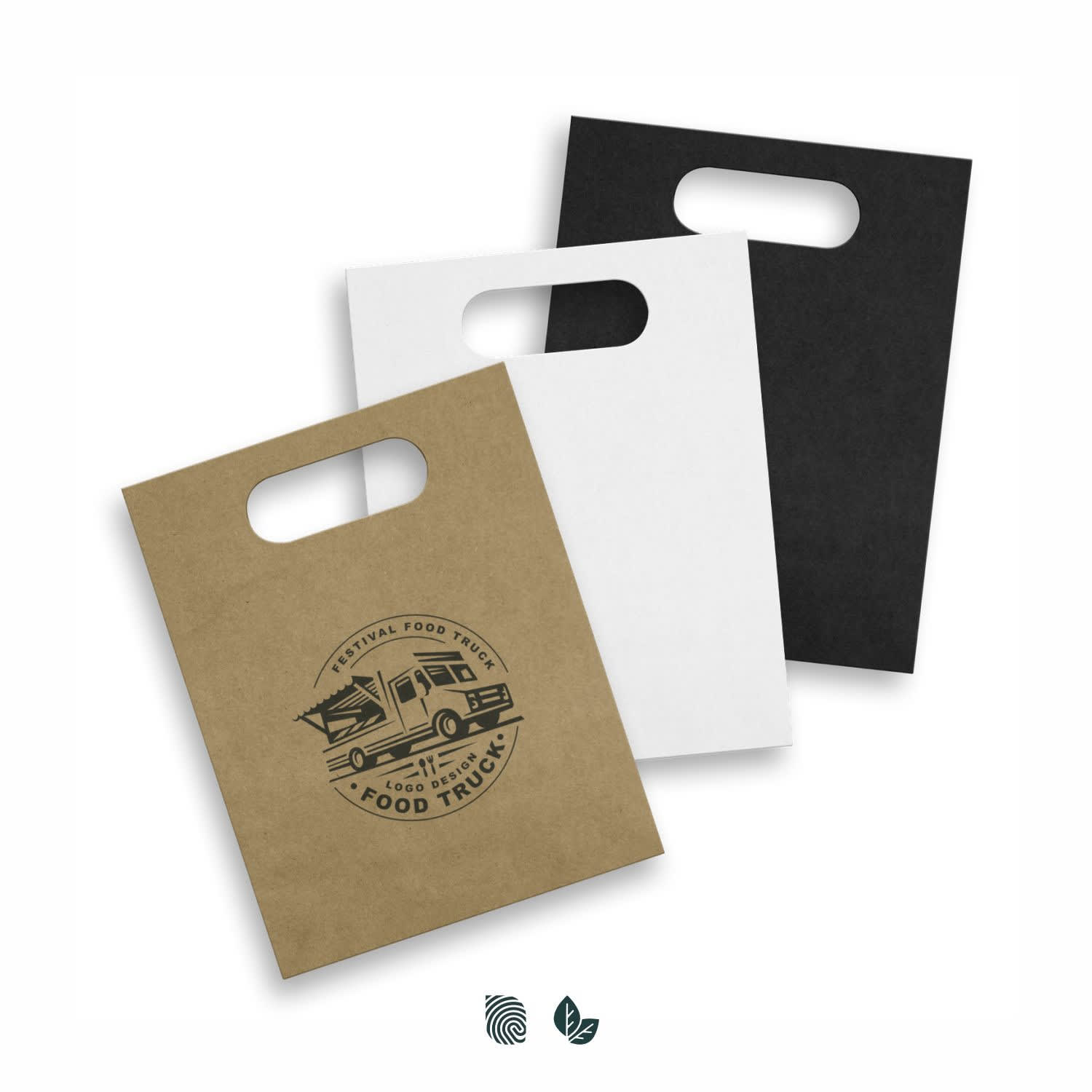 Medium die cut paper bags in brown, white, and black, each featuring a branded logo. Medium Die Cut Paper Bag Portrait - Image 1