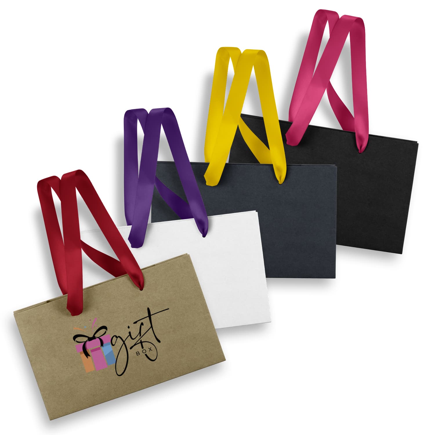 Four small ribbon handle paper bags in black, white, brown, and purple, each with matching ribbon handles and a logo. Small Ribbon Handle Paper Bag - Image 1