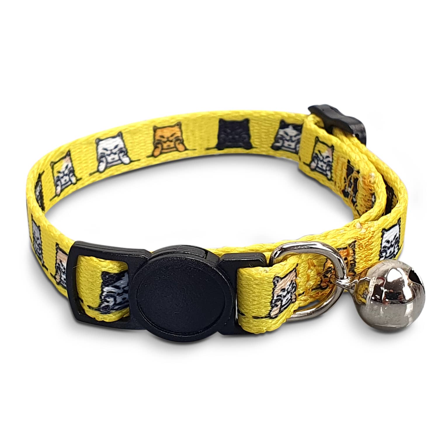 A yellow cat collar featuring illustrations of various cats and a silver bell. It has a plastic clasp and an adjustable design. Amigo Cat Collar - Image 1