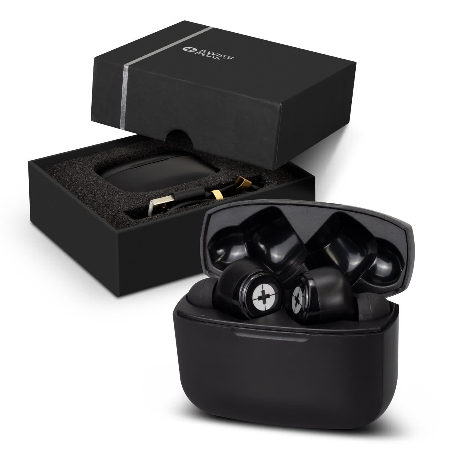 A set of black Swiss Peak ANC TWS earbuds presented in an open black box with foam padding. Swiss Peak ANC TWS Earbuds - Image 1