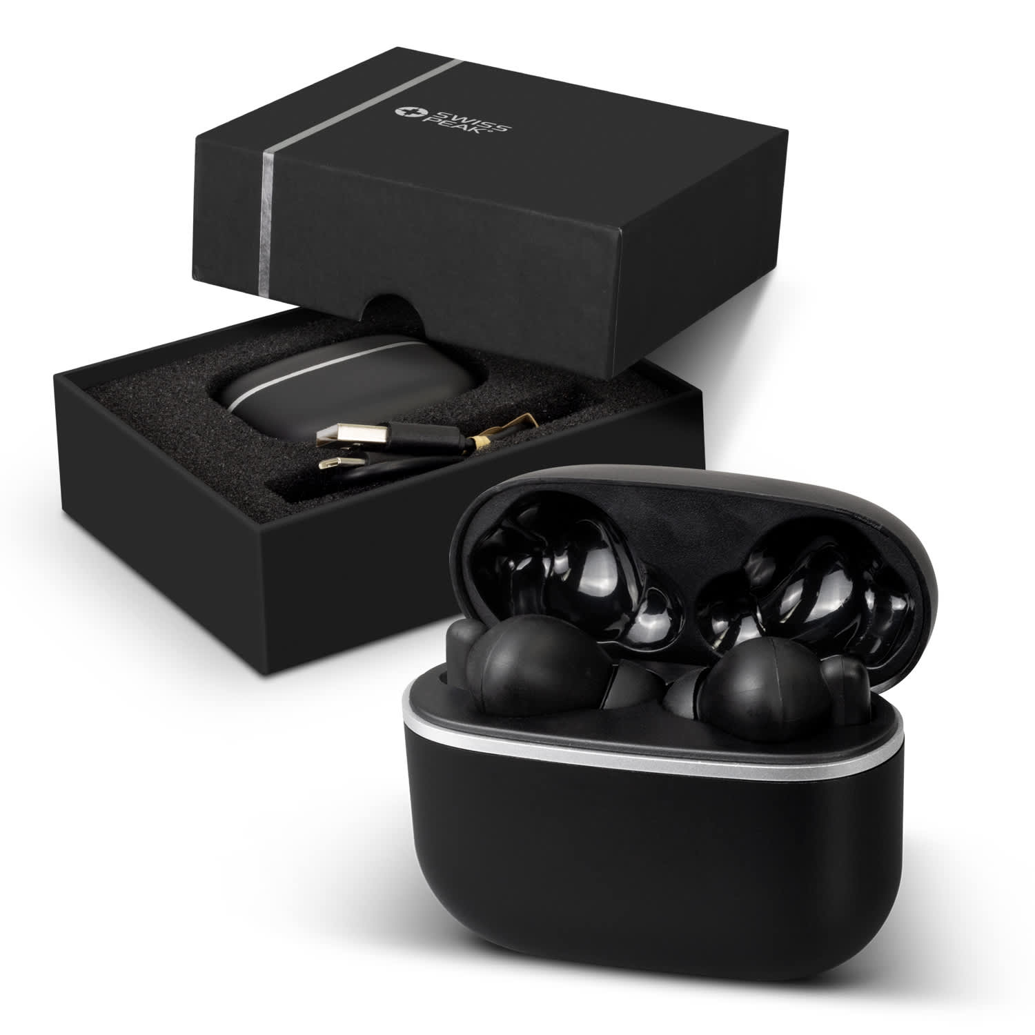 A pair of black Swiss Peak TWS Earbuds 2.0 in a black packaging box with an interior foam insert. Swiss Peak TWS Earbuds 2.0 - Image 1