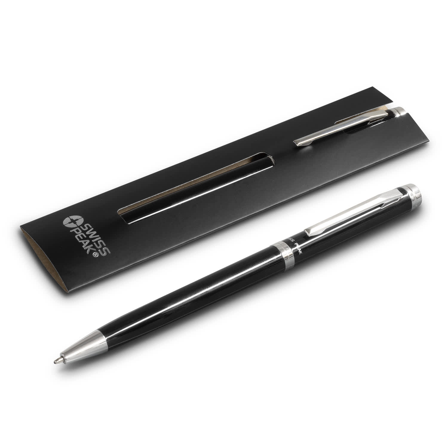A metal pen in black with silver accents, presented in a sleek black packaging with a branding logo. Swiss Peak Luzern Pen - Image 1