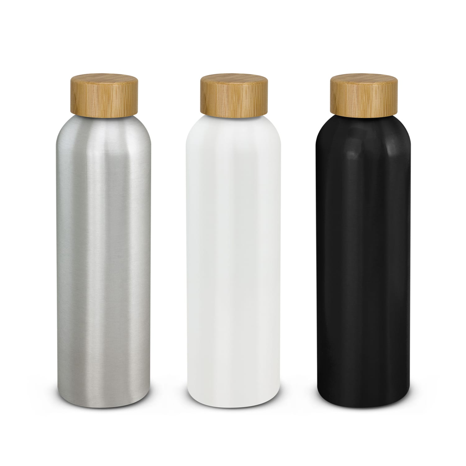 A drink bottle collection featuring silver, white, and black aluminium bottles with bamboo lids. Each bottle has a logo. Eden Aluminium Bottle Bamboo Lid - Image 1