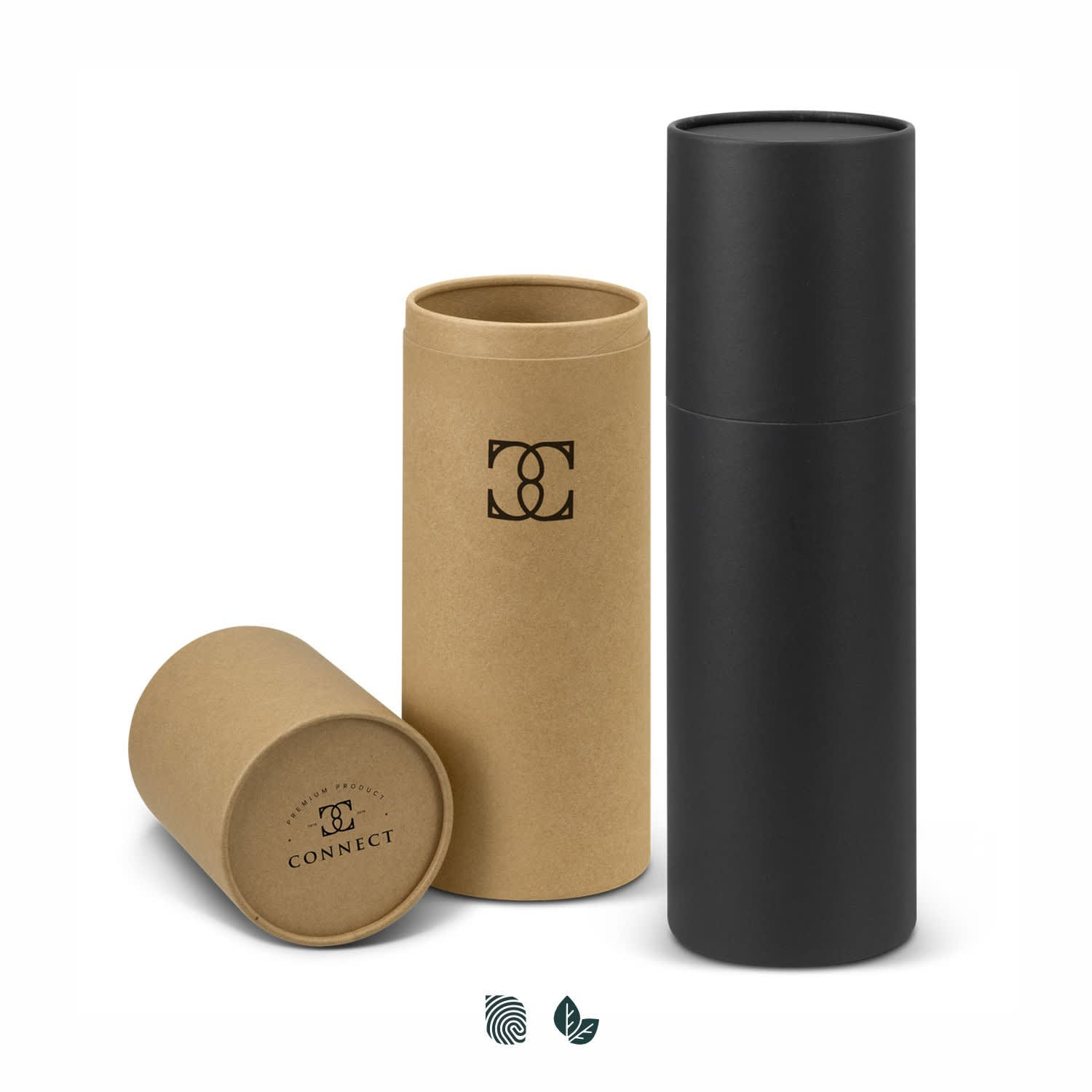A drink bottle gift tube set featuring a black tube and a brown Kraft tube, both with logos. Wine Bottle Gift Tube - Image 1