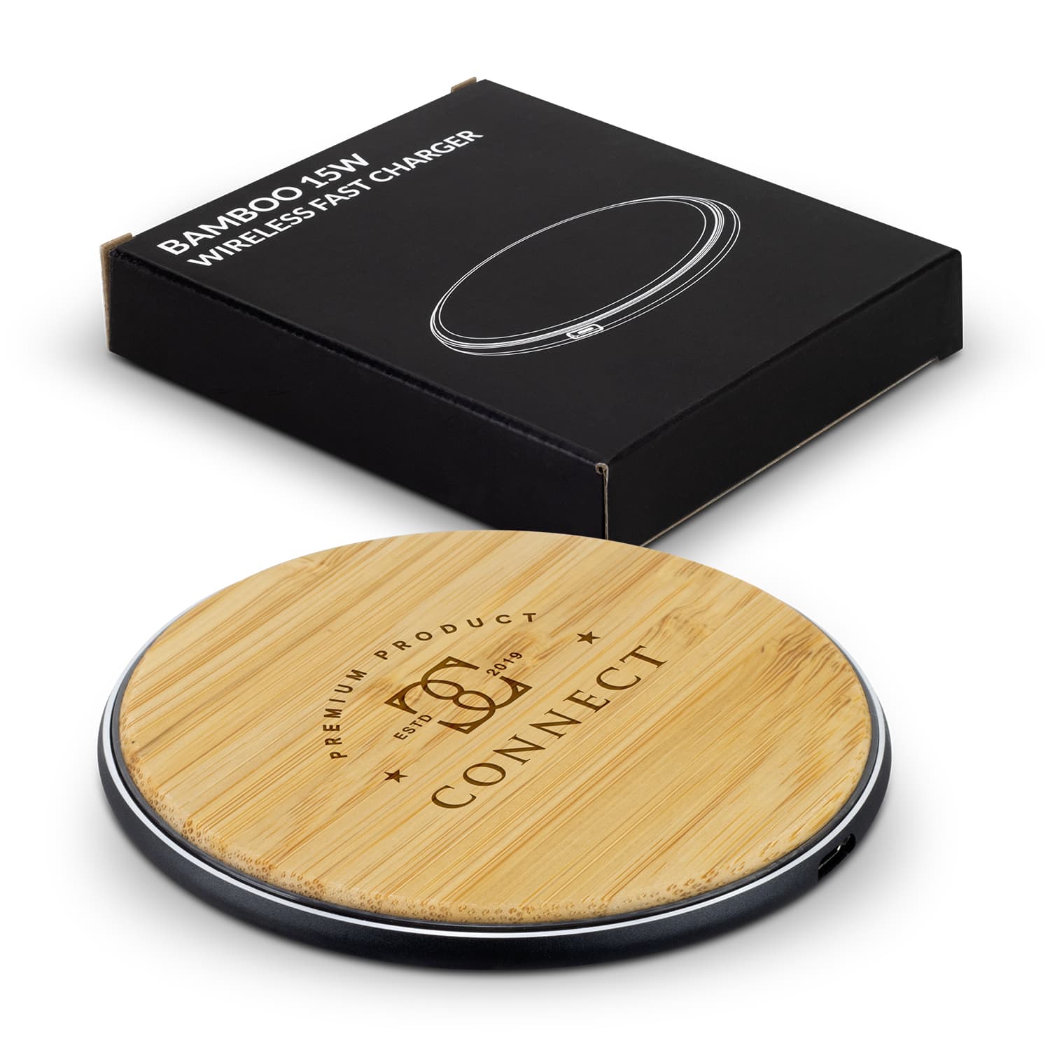 A bamboo wireless fast charger with a sleek circular design and a black packaging box featuring branding. Bamboo 15W Wireless Fast Charger - Image 1