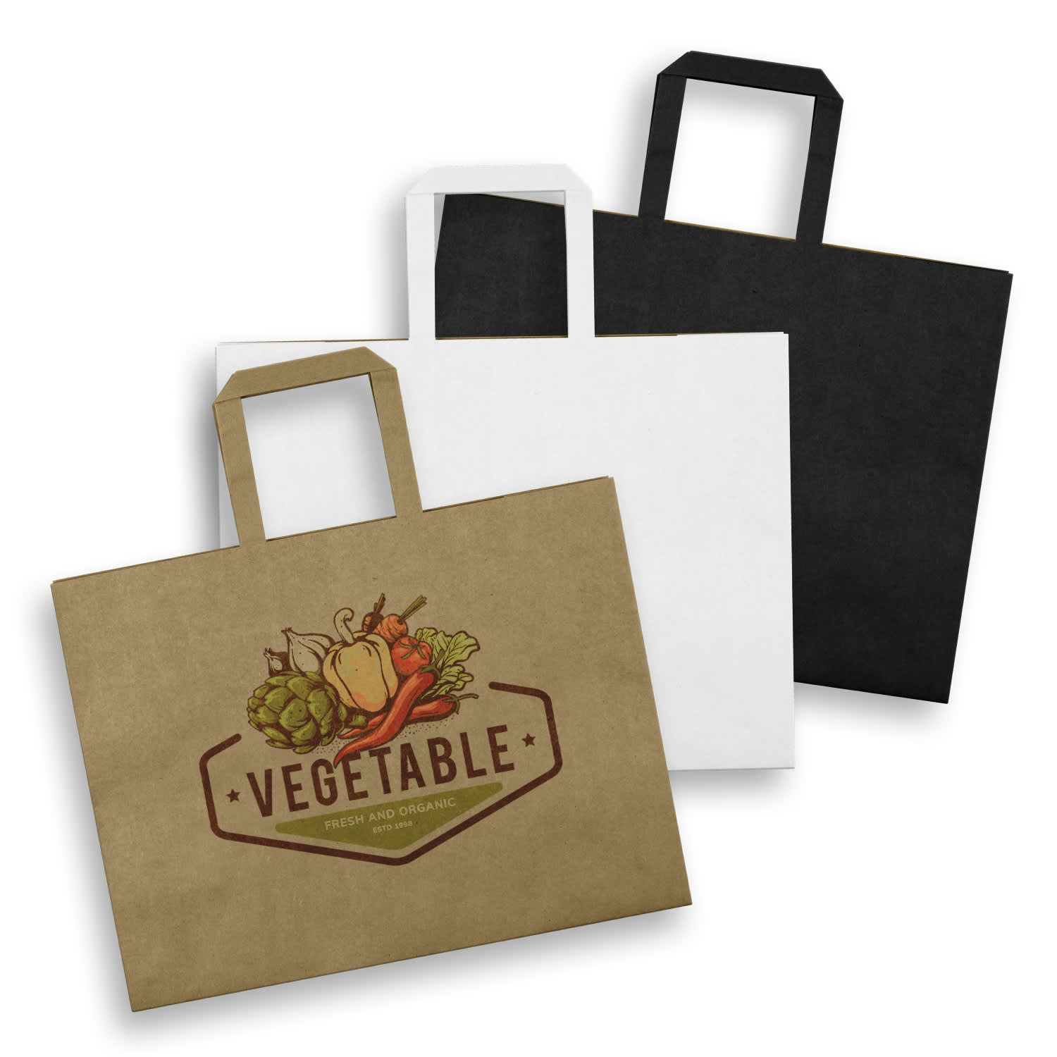 Large flat handle paper bags in three colours: brown with vegetable design, white, and black. Each has two handles. Large Flat Handle Paper Bag Landscape - Image 1