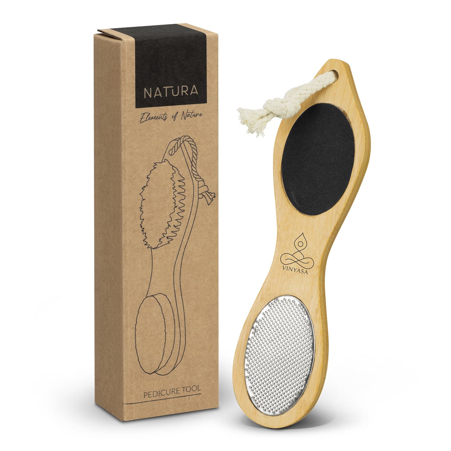 A NATURA pedicure tool made of bamboo, featuring a textured surface and a rope loop, displayed with its packaging. NATURA Pedicure Tool - Image 1