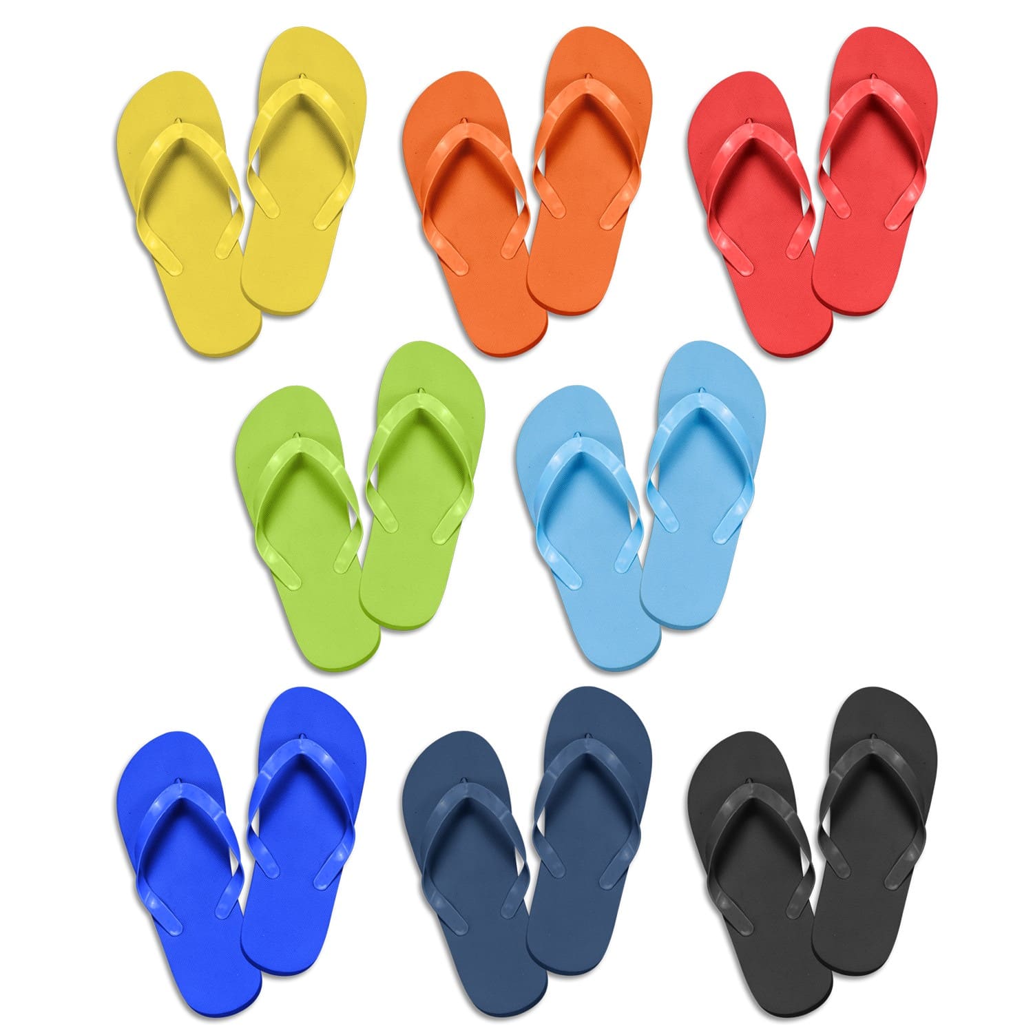 A collection of flip flops in various colours: yellow, orange, red, green, blue, black, and navy. Each pair features a simple design. Tidal Flip Flops - Image 1