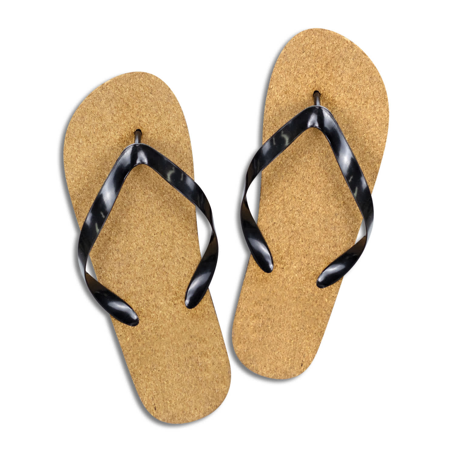 A pair of black thong-style flip flops with a cork sole, featuring a simple design. Fiji Flip Flops - Image 1