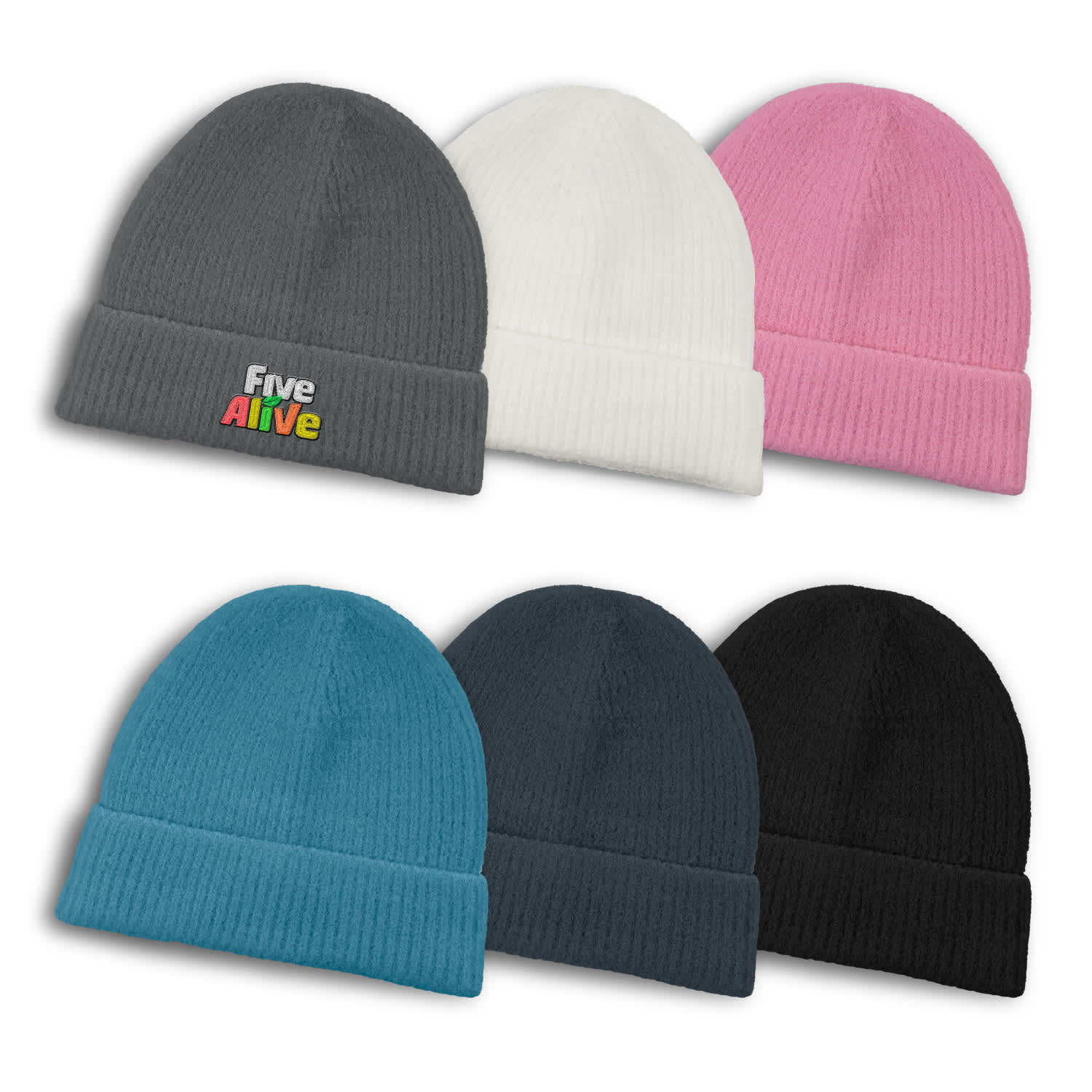 A collection of Avalanche Brushed Kids Beanies in grey, white, pink, teal, dark grey, and black, featuring a logo. Avalanche Brushed Kids Beanie - Image 1